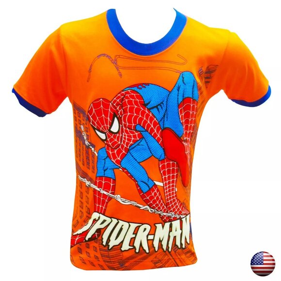 NWT SPIDER-MAN SUPERHEROE KIDS ORANGE CREW NECK SHORT SLEEVE T-SHIRT SIZE 10 12 - Picture 1 of 5